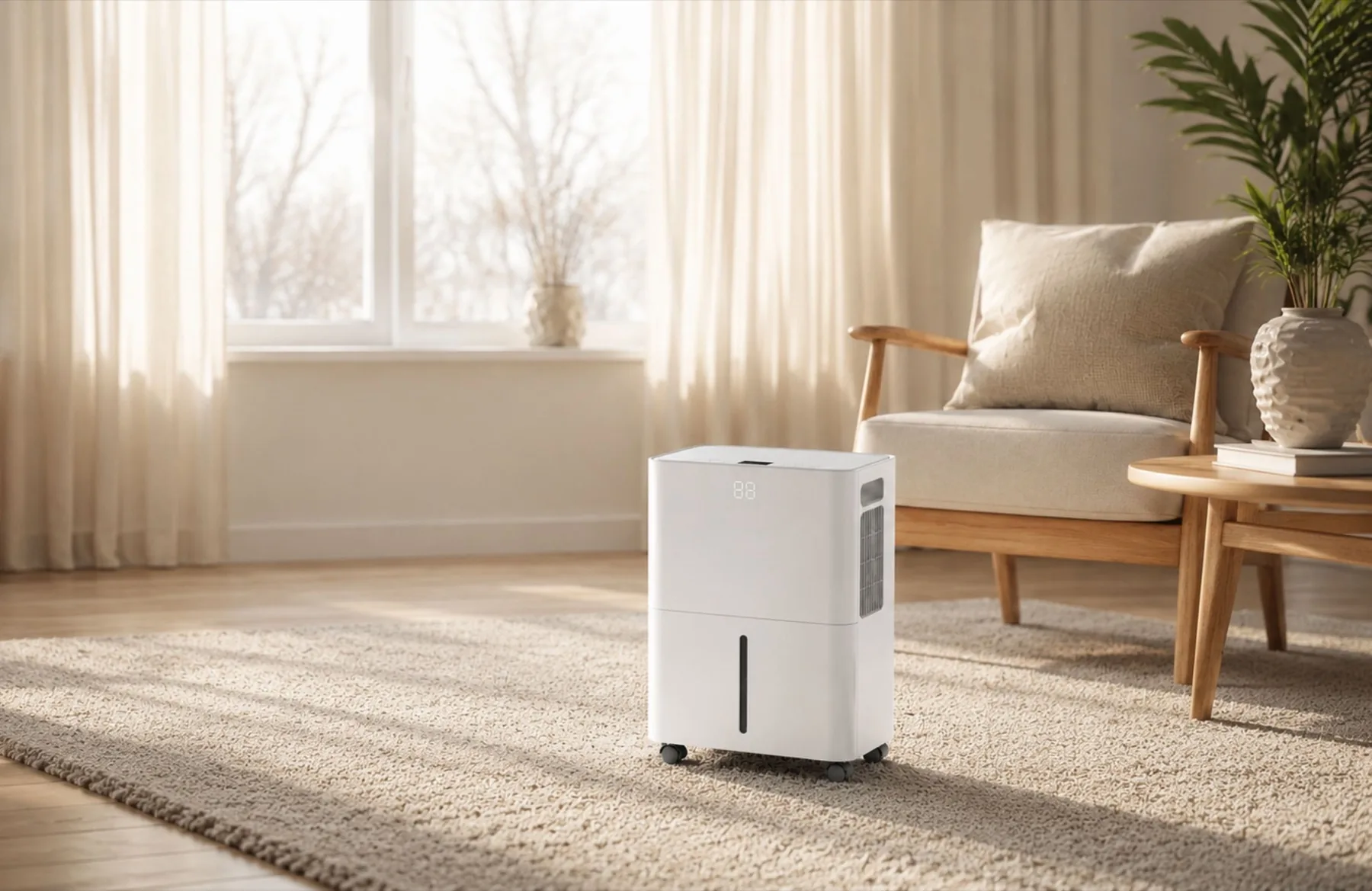 Meower home dehumidifier on a rug in a cream living room with a linen armchair and large windows