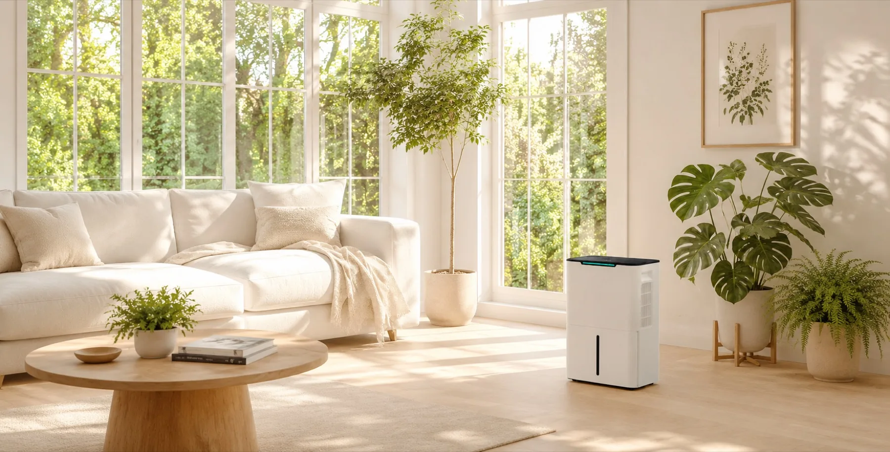 Meower dehumidifier in a bright living room filled with plants beside floor-to-ceiling windows