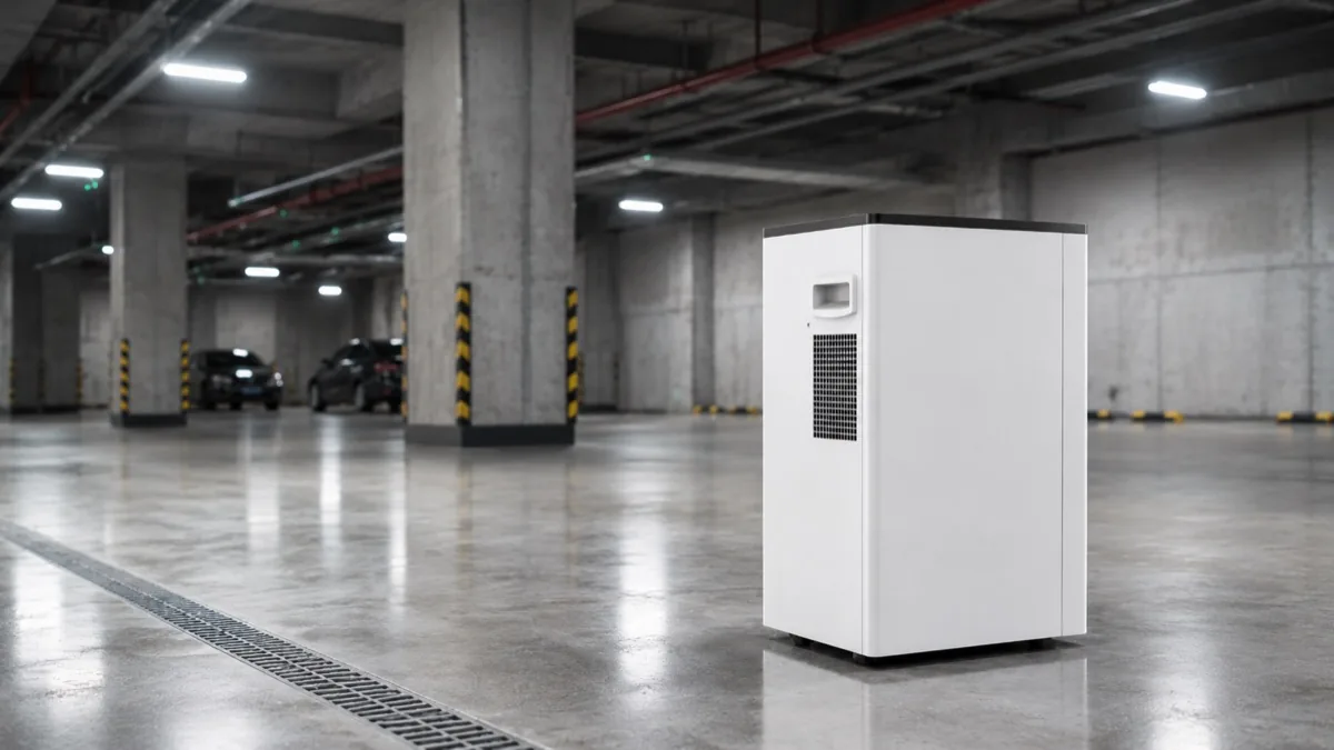 MD0001 commercial dehumidifier in a basement garage
