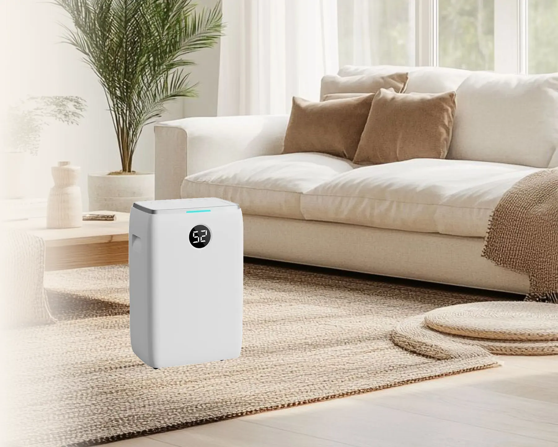 MD002 dehumidifier standing on a jute rug in a sunlit living room with a linen sofa